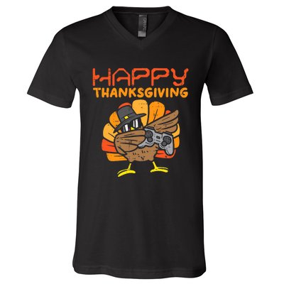 Happy Thanksgiving Dabbing Dance Gamer Turkey V-Neck T-Shirt