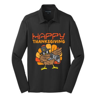 Happy Thanksgiving Dabbing Dance Gamer Turkey Silk Touch Performance Long Sleeve Polo