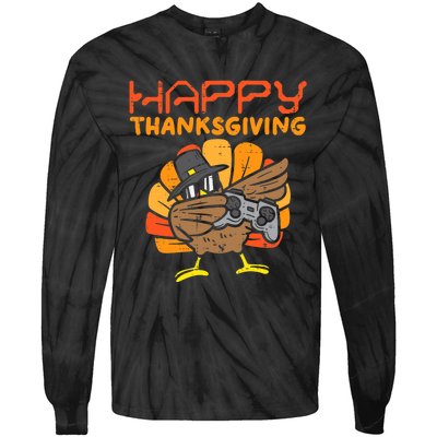 Happy Thanksgiving Dabbing Dance Gamer Turkey Tie-Dye Long Sleeve Shirt