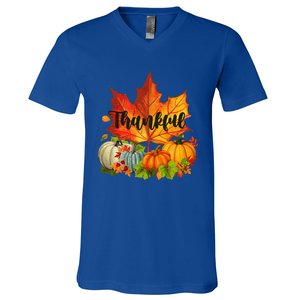 Happpy Thanksgiving Day Autumn Fall Maple Leaves Thankful V-Neck T-Shirt