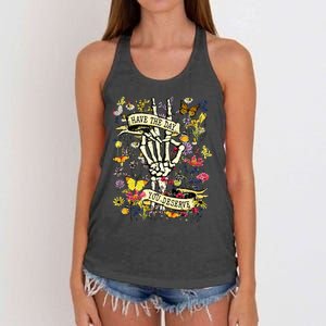 Have The Day You Deserve Skeleton Peace Hand Sign Floral  Women's Knotted Racerback Tank