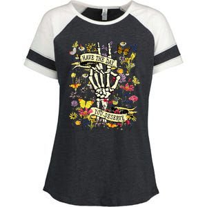 Have The Day You Deserve Skeleton Peace Hand Sign Floral  Enza Ladies Jersey Colorblock Tee