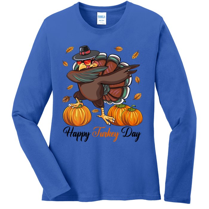 Happy Turkey Day Dabbing Turkey Pilgrim Pumpkin Thanksgiving Great Gift Ladies Long Sleeve Shirt