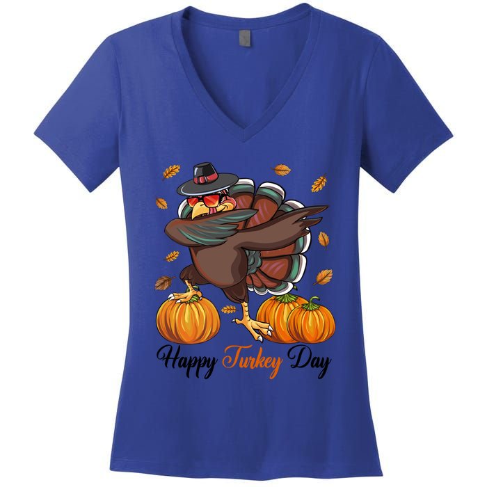 Happy Turkey Day Dabbing Turkey Pilgrim Pumpkin Thanksgiving Great Gift Women's V-Neck T-Shirt