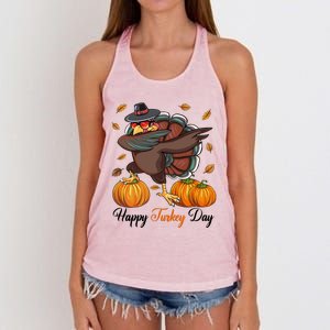 Happy Turkey Day Dabbing Turkey Pilgrim Pumpkin Thanksgiving Great Gift Women's Knotted Racerback Tank