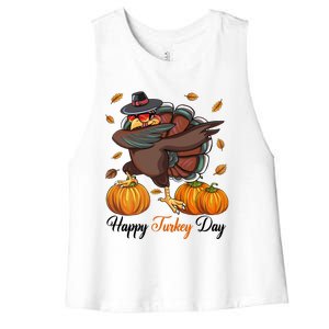 Happy Turkey Day Dabbing Turkey Pilgrim Pumpkin Thanksgiving Great Gift Women's Racerback Cropped Tank