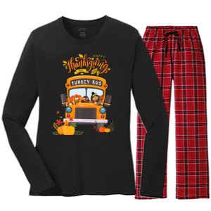 Happy Thanksgiving Day Turkey School Bus Driver Gifts Women's Long Sleeve Flannel Pajama Set 