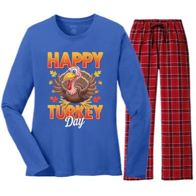 Happy Turkey Day Thanksgiving Turkey Holiday Autumn Great Gift Women's Long Sleeve Flannel Pajama Set 