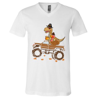 Happy Thanksgiving Dinosaur Turkey Riding Truck V-Neck T-Shirt