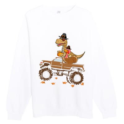 Happy Thanksgiving Dinosaur Turkey Riding Truck Premium Crewneck Sweatshirt