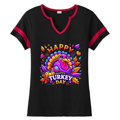 Happy Turkey Day Thanksgiving Female Turkey Ladies Halftime Notch Neck Tee