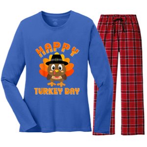 Happy Turkey Day Cool Gift Cute Little Pilgrim Gift Thanksgiving Funny Gift Women's Long Sleeve Flannel Pajama Set 