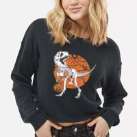 Halloween TRex Dinosaur Skeleton Cropped Pullover Crew