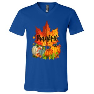 Happpy Thanksgiving Day Autumn Fall Maple Leaves Thankful V-Neck T-Shirt