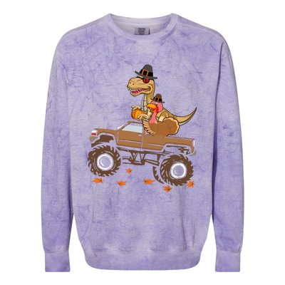 Happy Thanksgiving Dinosaur Turkey Riding Truck Colorblast Crewneck Sweatshirt