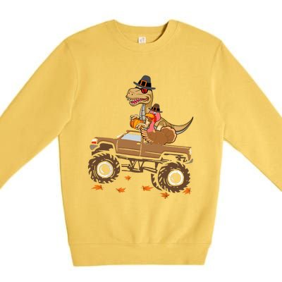 Happy Thanksgiving Dinosaur Turkey Riding Truck Premium Crewneck Sweatshirt