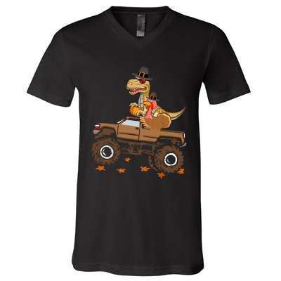 Happy Thanksgiving Dinosaur Turkey Riding Truck V-Neck T-Shirt