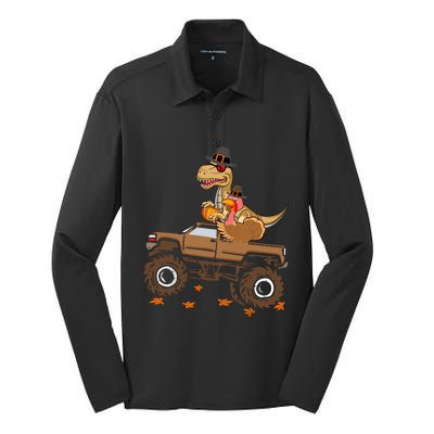 Happy Thanksgiving Dinosaur Turkey Riding Truck Silk Touch Performance Long Sleeve Polo