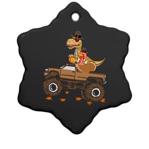 Happy Thanksgiving Dinosaur Turkey Riding Truck Ceramic Star Ornament