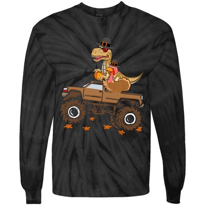 Happy Thanksgiving Dinosaur Turkey Riding Truck Tie-Dye Long Sleeve Shirt