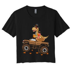 Happy Thanksgiving Dinosaur Turkey Riding Truck Women's Crop Top Tee