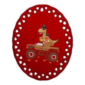 Happy Thanksgiving Dinosaur Turkey Riding Truck Ceramic Oval Ornament