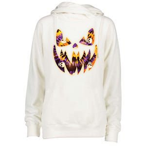 Halloween Tie Dye Jackolantern Face Womens Funnel Neck Pullover Hood