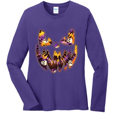 Halloween Tie Dye Jackolantern Face Ladies Long Sleeve Shirt