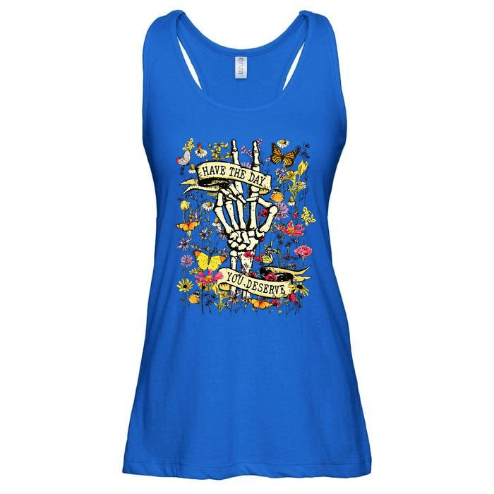 Have The Day You Deserve Skeleton Peace Hand Sign Floral Ladies Essential Flowy Tank