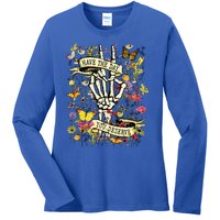 Have The Day You Deserve Skeleton Peace Hand Sign Floral Ladies Long Sleeve Shirt