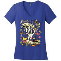 Have The Day You Deserve Skeleton Peace Hand Sign Floral Women's V-Neck T-Shirt