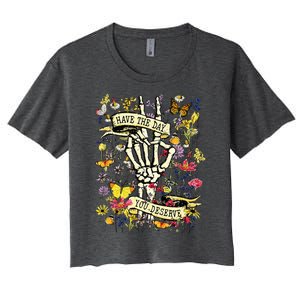 Have The Day You Deserve Skeleton Peace Hand Sign Floral Women's Crop Top Tee