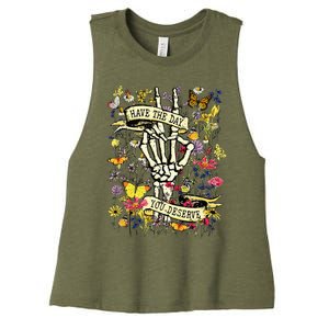 Have The Day You Deserve Skeleton Peace Hand Sign Floral Women's Racerback Cropped Tank