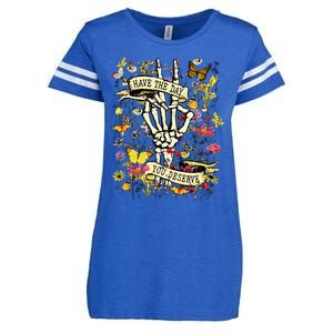 Have The Day You Deserve Skeleton Peace Hand Sign Floral Enza Ladies Jersey Football T-Shirt