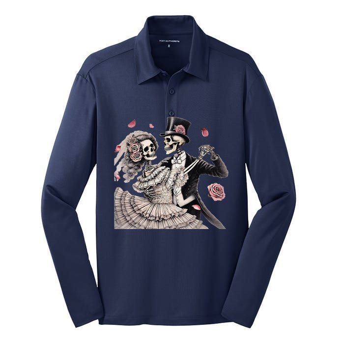 Halloween Thrills Dancing Skeleton Couple Cyborg Zombie Silk Touch Performance Long Sleeve Polo