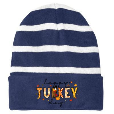 Happy Turkey Day Striped Beanie with Solid Band