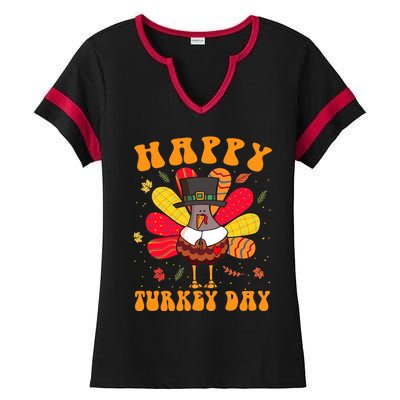 Happy Turkey Day Cute Little Pilgrim Thanksgiving Costume Ladies Halftime Notch Neck Tee