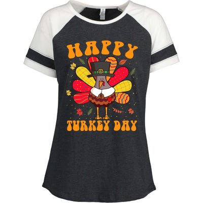 Happy Turkey Day Cute Little Pilgrim Thanksgiving Costume Enza Ladies Jersey Colorblock Tee