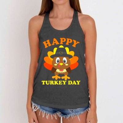 Happy Turkey Day, Cute Little Pilgrim Gift Thanksgiving Women's Knotted Racerback Tank