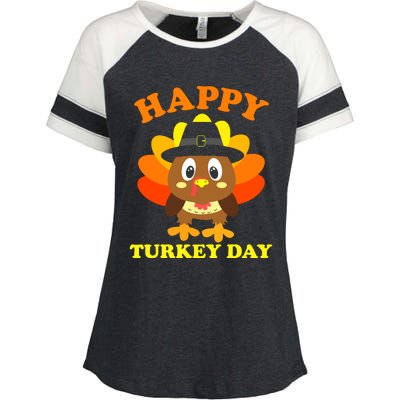 Happy Turkey Day, Cute Little Pilgrim Gift Thanksgiving Enza Ladies Jersey Colorblock Tee