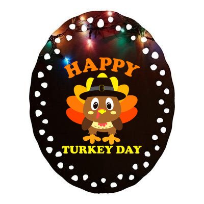 Happy Turkey Day, Cute Little Pilgrim Gift Thanksgiving Ceramic Oval Ornament