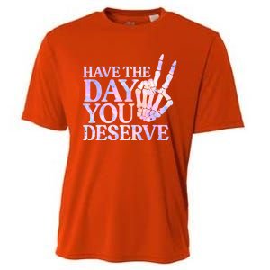 Have The Day You Deserve Peace Sign Skeleton Motivational Cooling Performance Crew T-Shirt