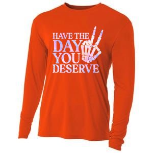 Have The Day You Deserve Peace Sign Skeleton Motivational Cooling Performance Long Sleeve Crew