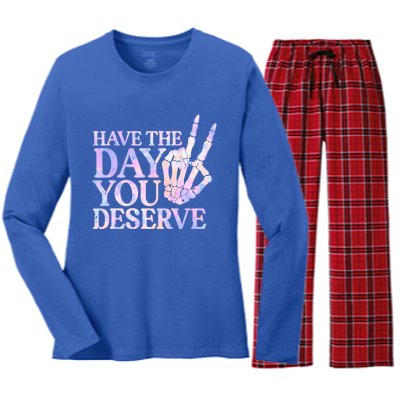 Have The Day You Deserve Peace Sign Skeleton Motivational Women's Long Sleeve Flannel Pajama Set 