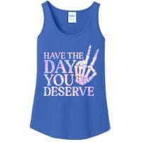 Have The Day You Deserve Peace Sign Skeleton Motivational Ladies Essential Tank