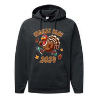 Happy Thanksgiving Day Running Turkey Funny Turkey Trot 2024 Performance Fleece Hoodie