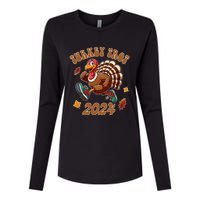 Happy Thanksgiving Day Running Turkey Funny Turkey Trot 2024 Womens Cotton Relaxed Long Sleeve T-Shirt