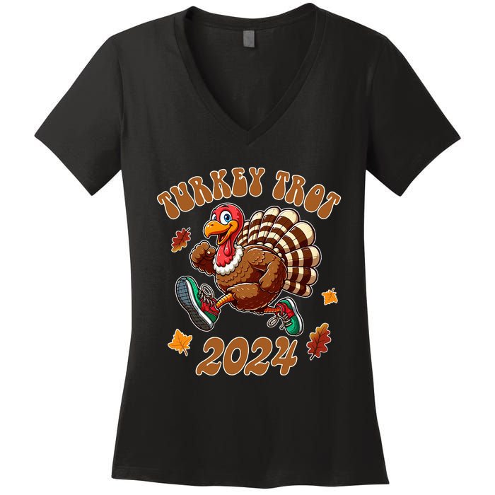 Happy Thanksgiving Day Running Turkey Funny Turkey Trot 2024 Women's V-Neck T-Shirt