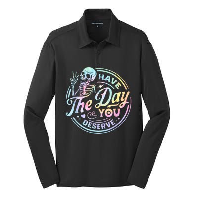 Have The Day You Deserve Peace Sign Skeleton Motivational Silk Touch Performance Long Sleeve Polo