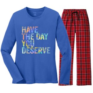 Have The Day You Deserve Peace Sign Skeleton Motivational Women's Long Sleeve Flannel Pajama Set 